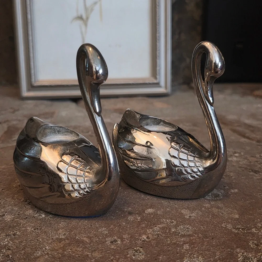 International Silver Co Silver Plated Swan Candle  Pair Vtg Cottagecore Wedding